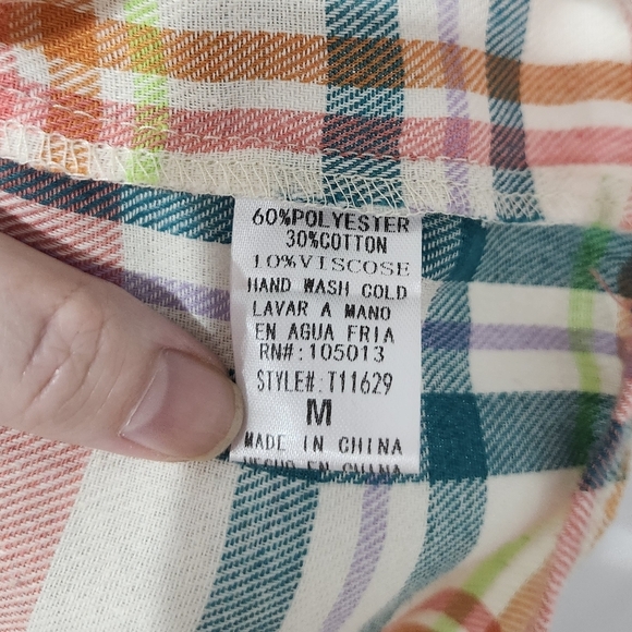 Andree By Unit Women's Peasant‎ Top Size Medium Bright Plaid Flannel Preppy Boho - Picture 6 of 6
